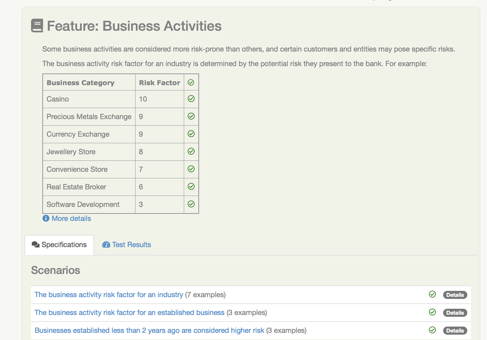 Example tables from the scenarios can be included in the feature overview