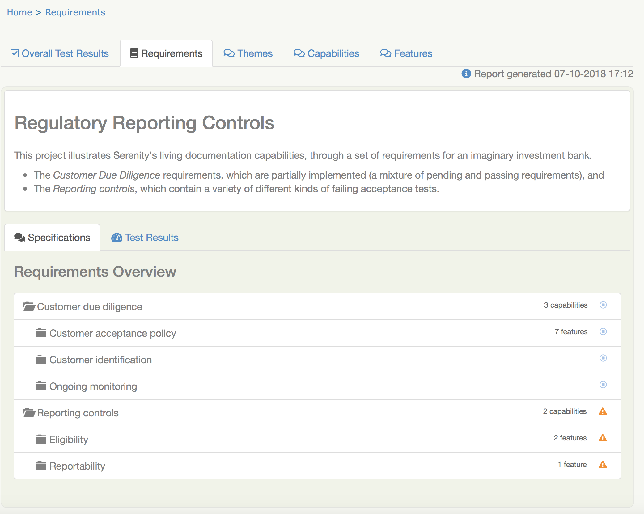 A test report generated by Serenity